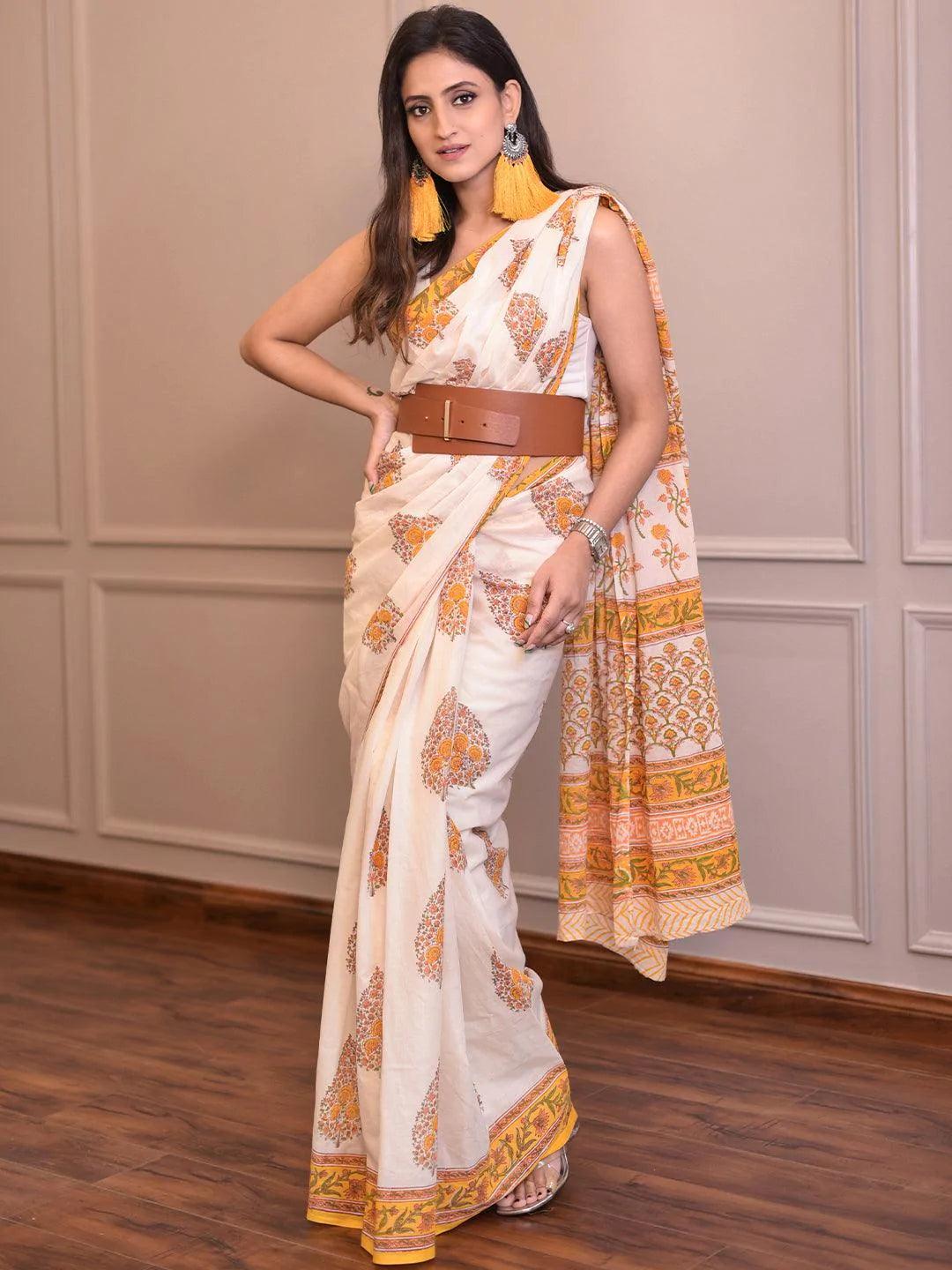 White Printed Cotton Saree