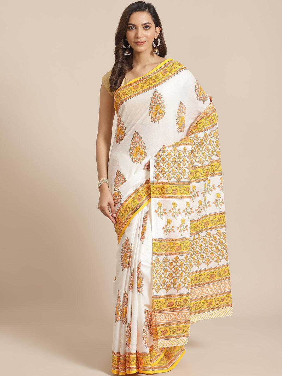 White Printed Cotton Saree