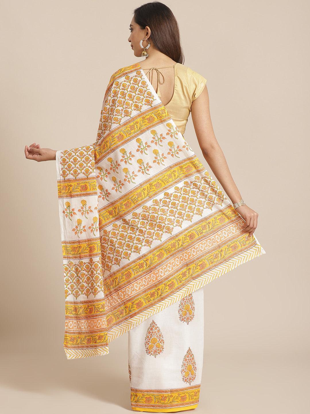 White Printed Cotton Saree