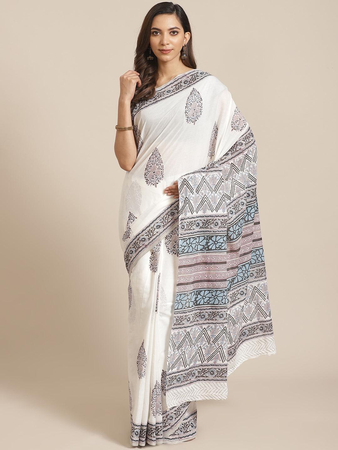 White Printed Cotton Saree