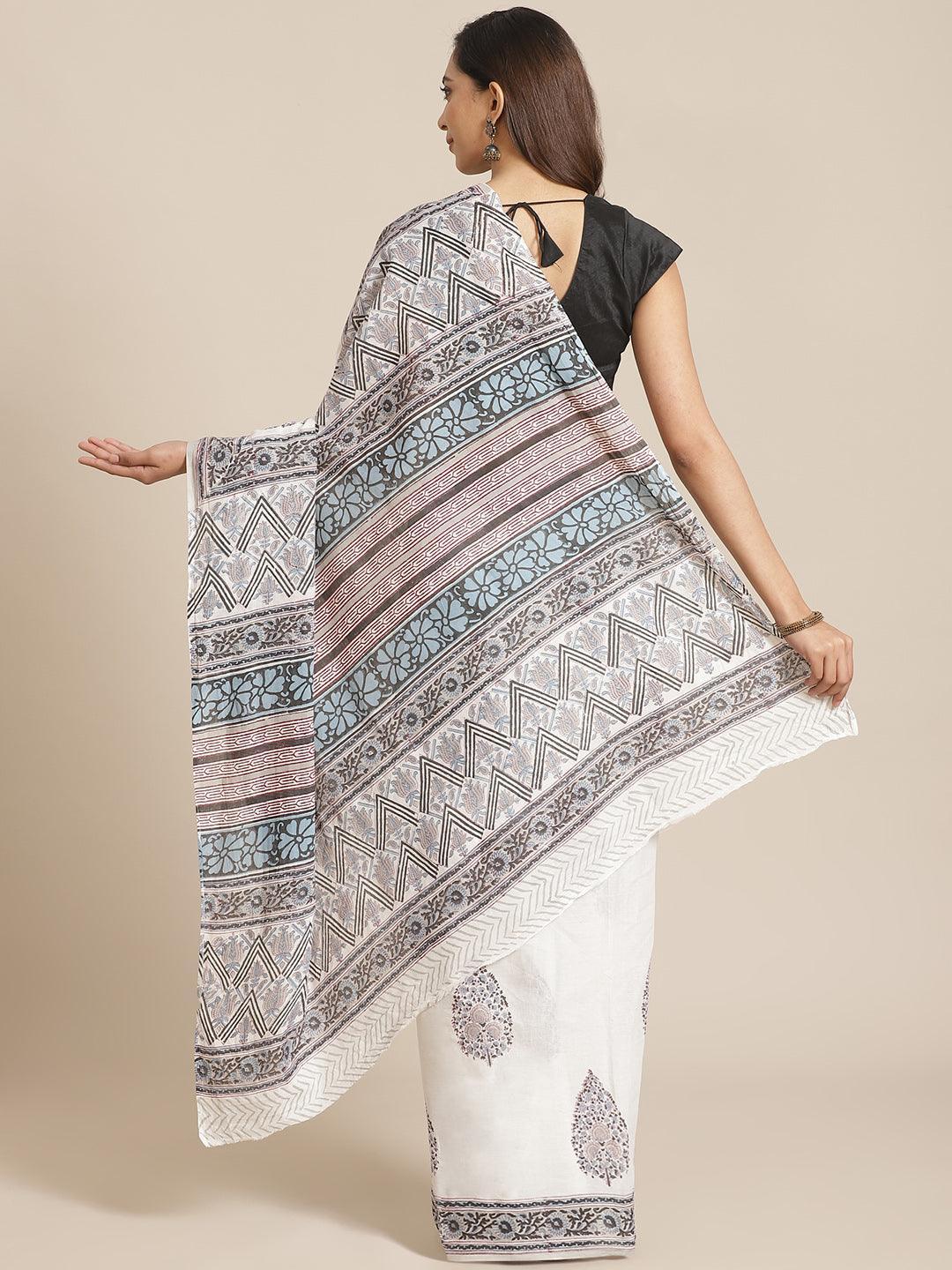 White Printed Cotton Saree