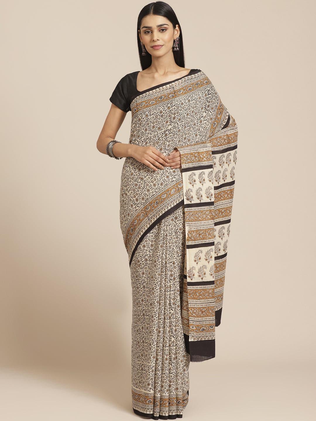 Beige Printed Cotton Saree - ShopLibas