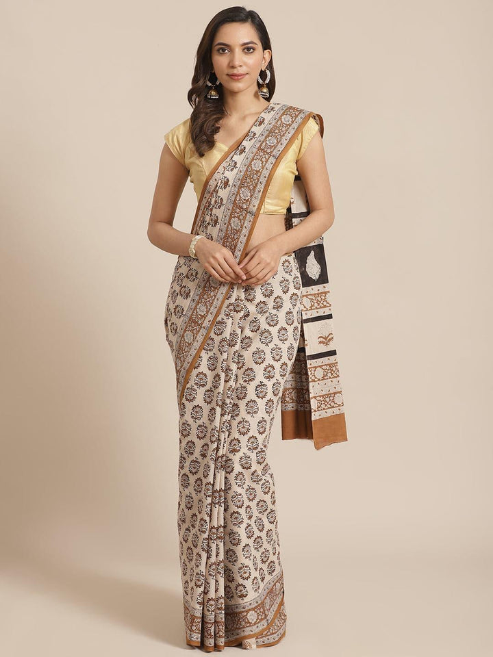 Beige Printed Cotton Saree - ShopLibas