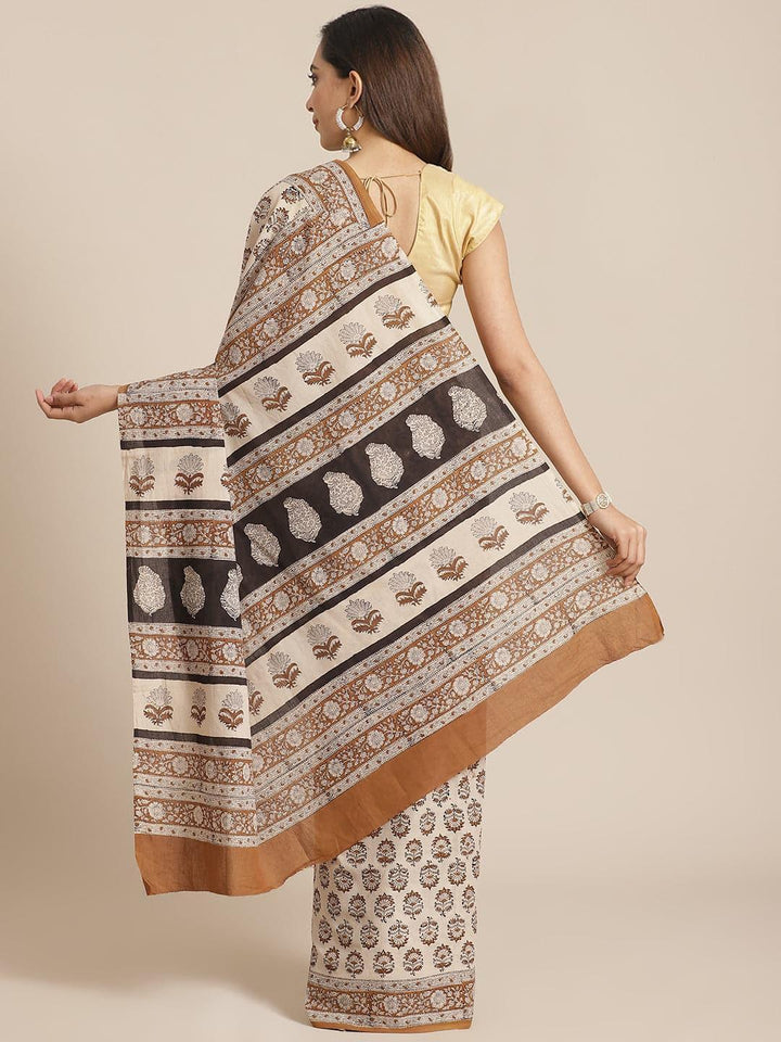 Beige Printed Cotton Saree - ShopLibas