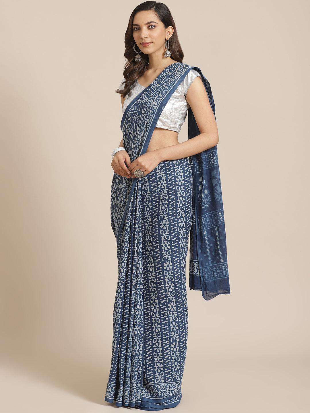 Blue Printed Cotton Saree