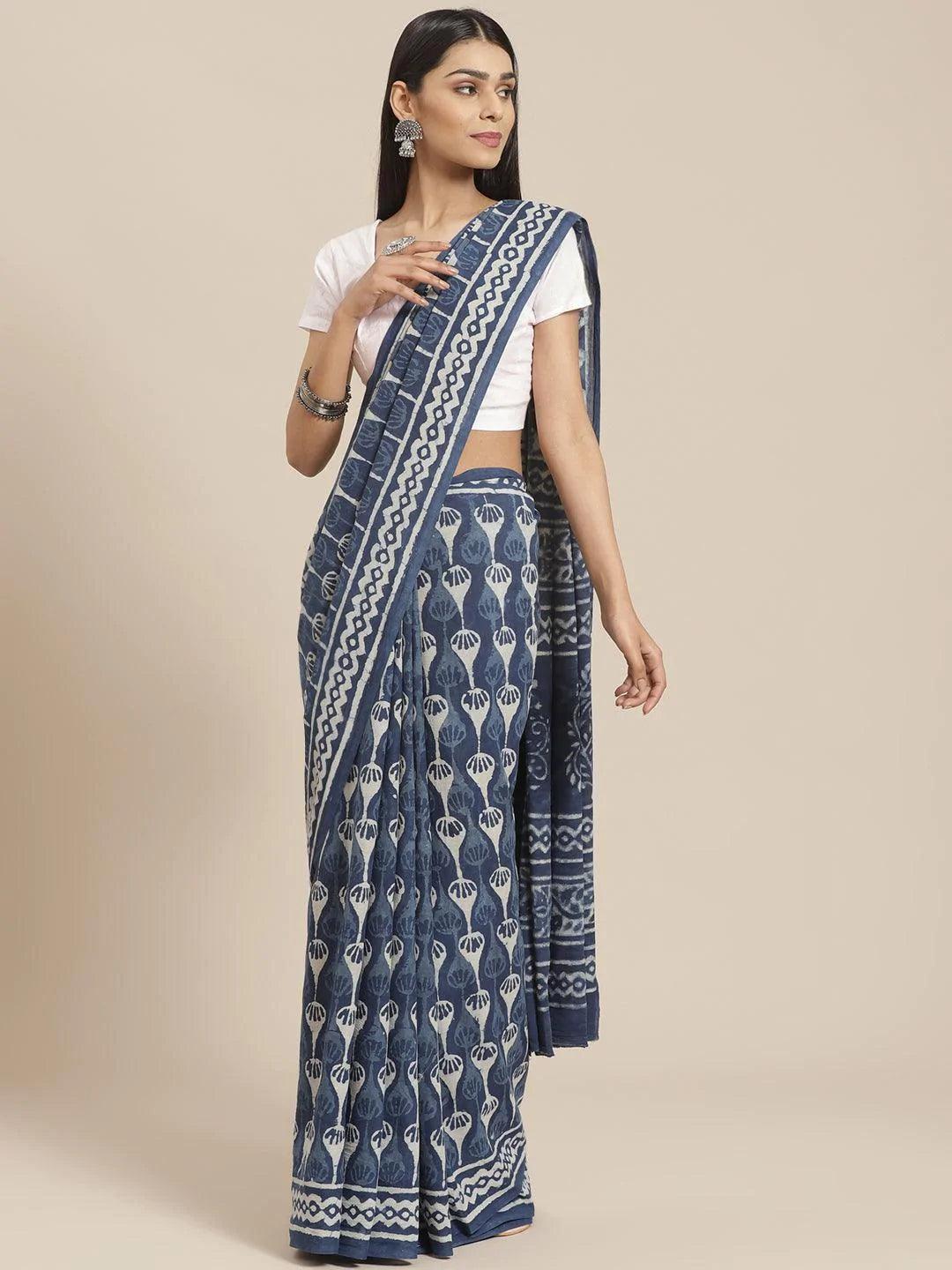 Blue Printed Cotton Saree