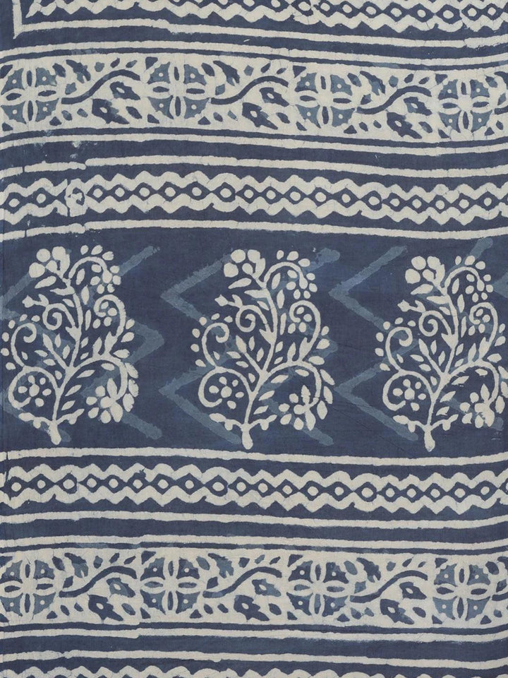 Blue Printed Cotton Saree - ShopLibas