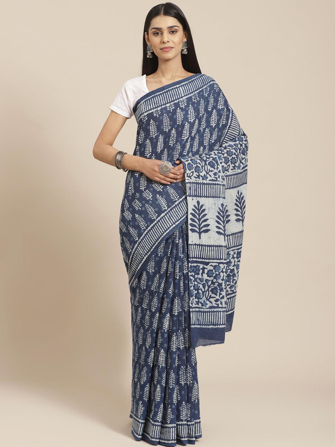 Blue Printed Cotton Saree