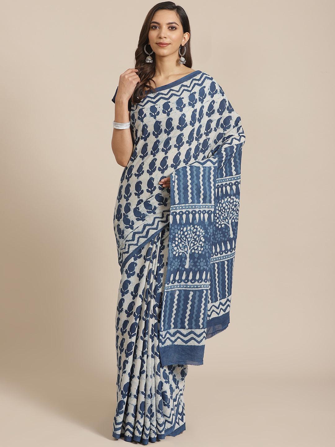 Blue Printed Cotton Saree