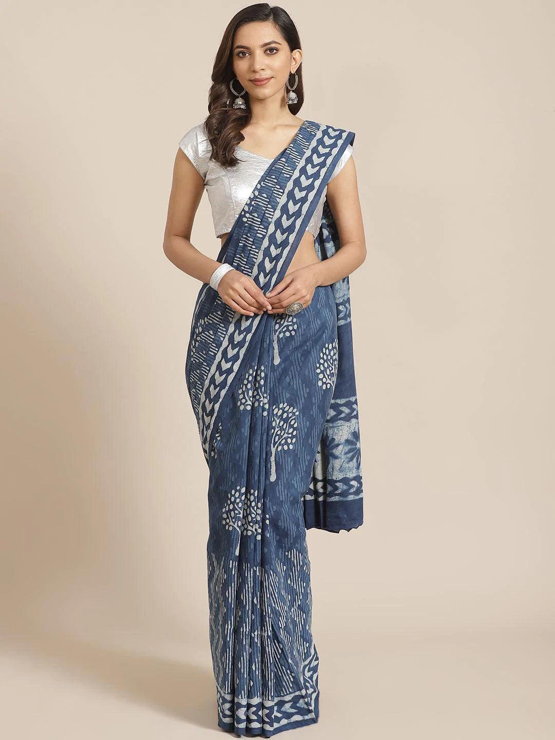 Blue Printed Cotton Saree