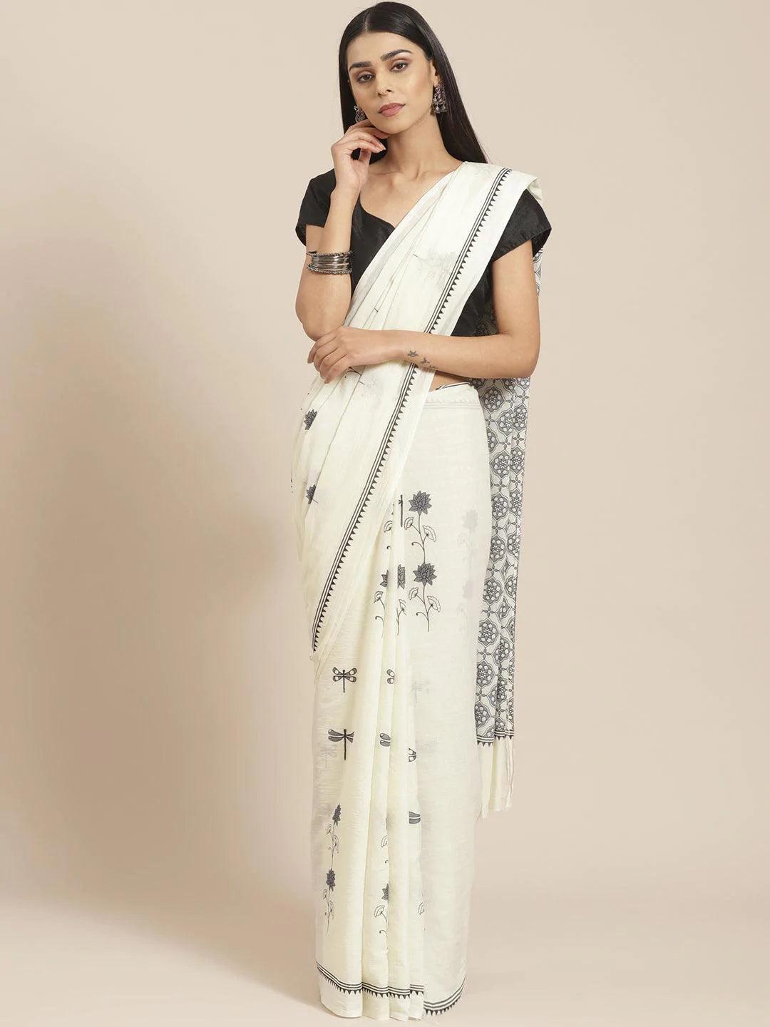 Off White Printed Cotton Saree - ShopLibas