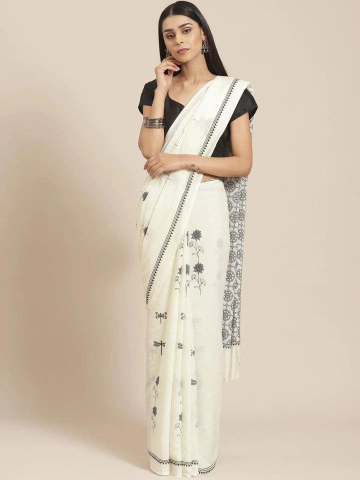 Off White Printed Cotton Saree - ShopLibas