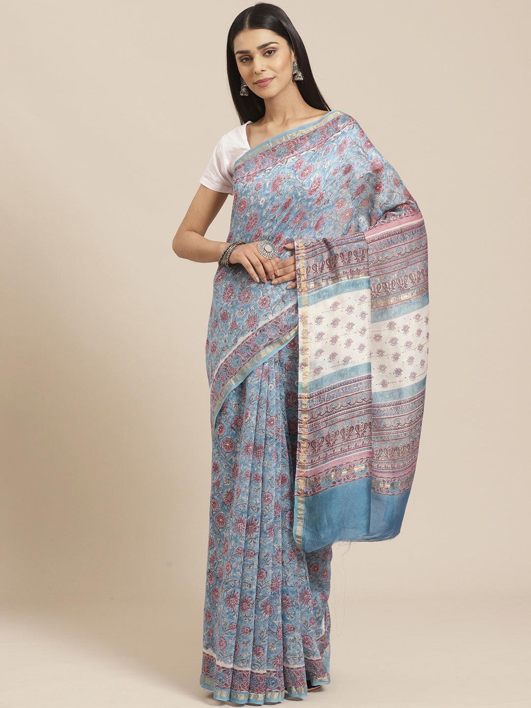 Blue Printed Cotton Silk Saree - ShopLibas