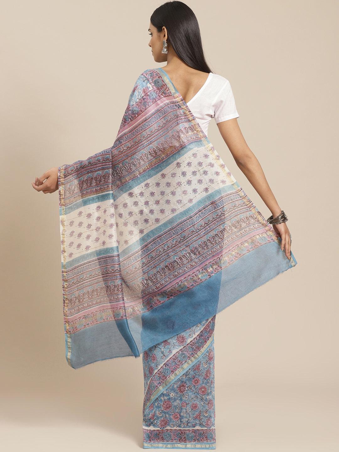 Blue Printed Cotton Silk Saree - ShopLibas