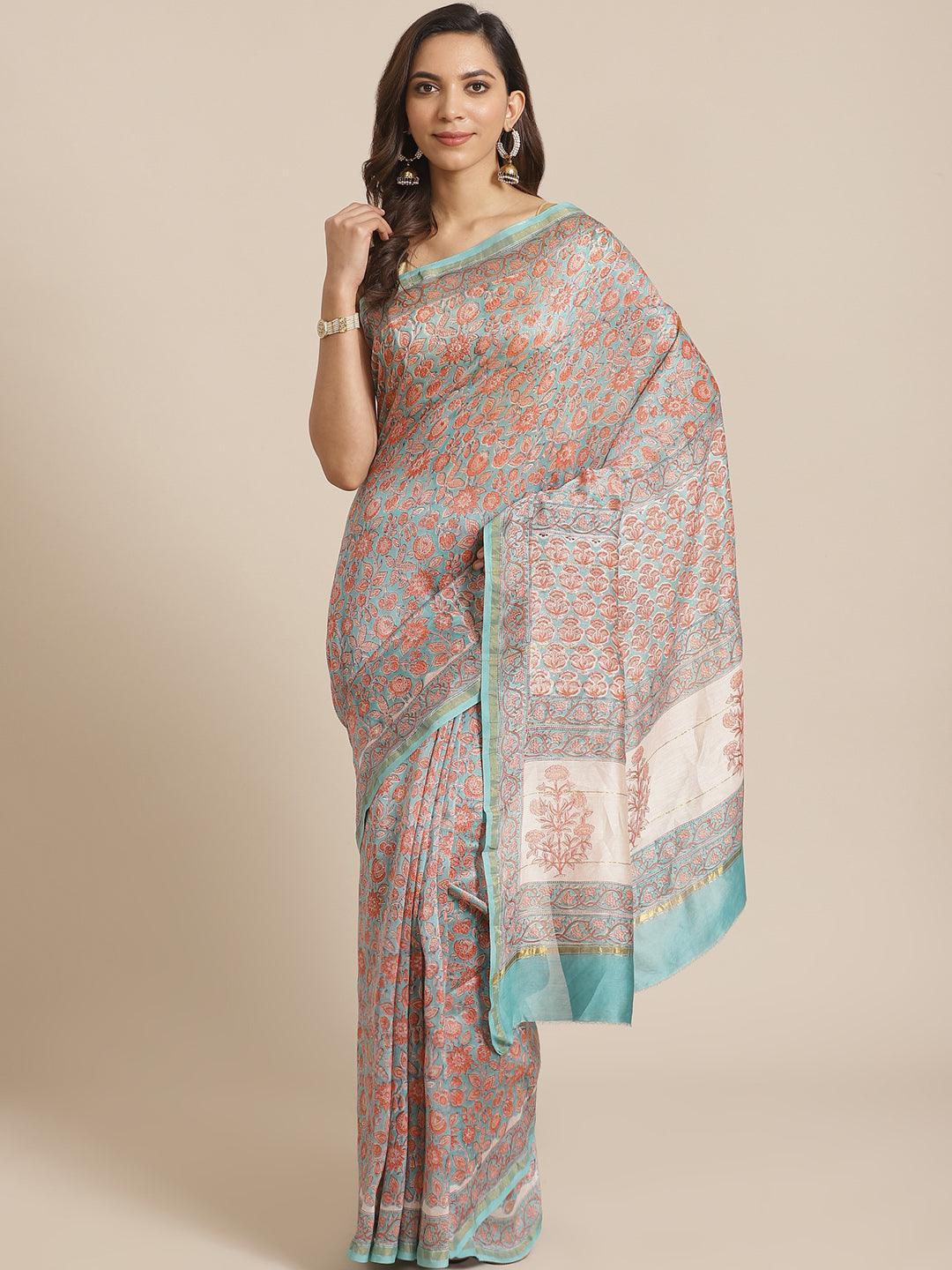 Blue Printed Cotton Silk Saree - ShopLibas