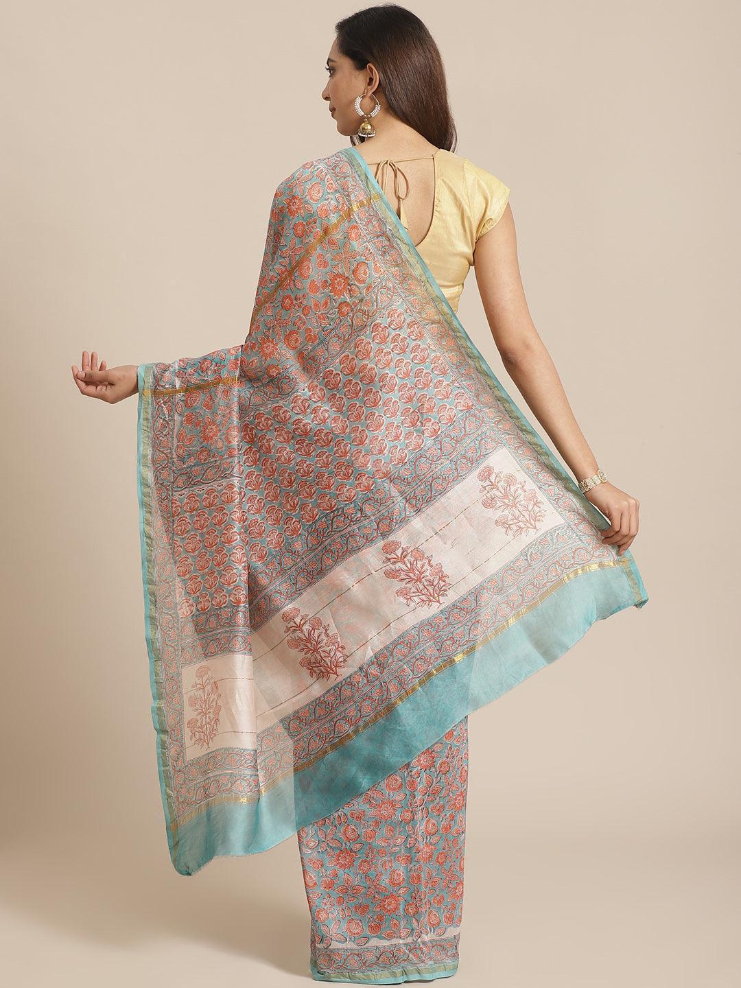 Blue Printed Cotton Silk Saree - ShopLibas