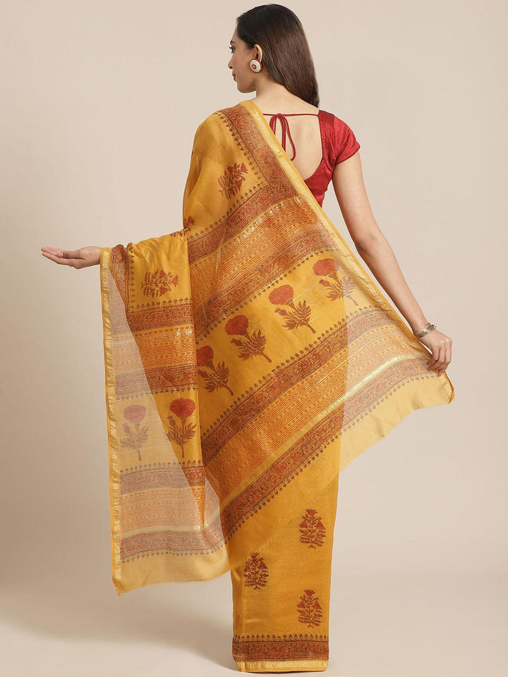 Yellow Printed Cotton Silk Saree - ShopLibas