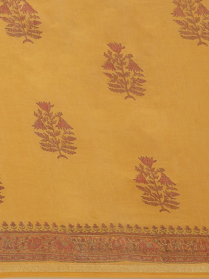 Yellow Printed Cotton Silk Saree - ShopLibas