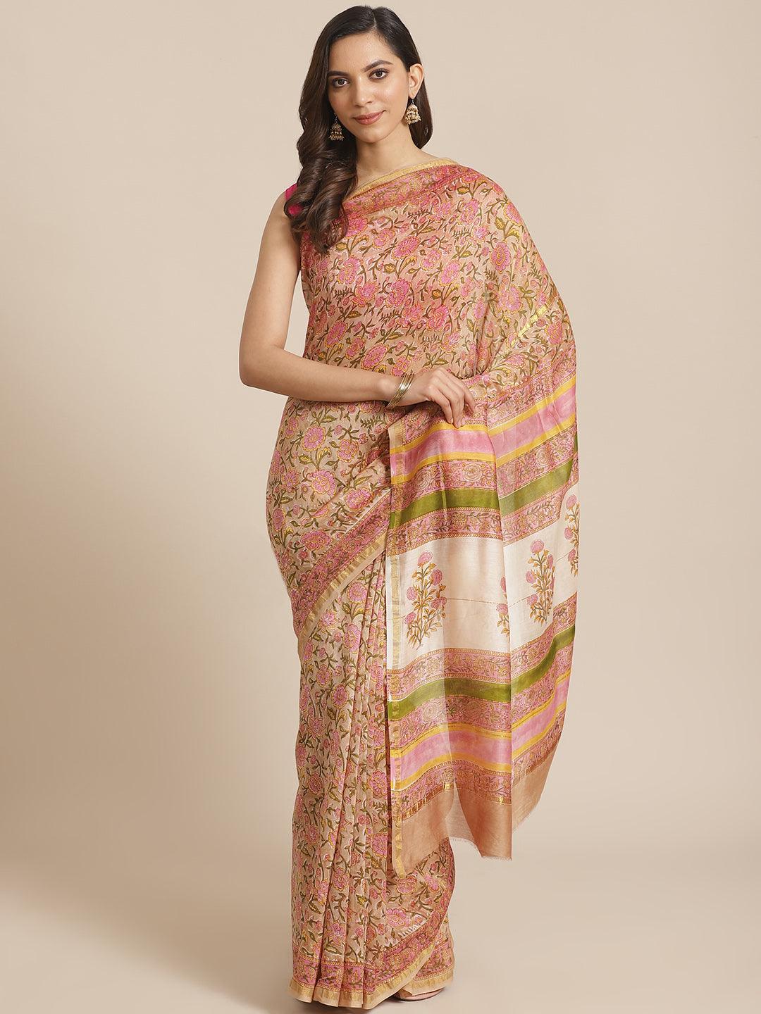 Pink Printed Cotton Silk Saree