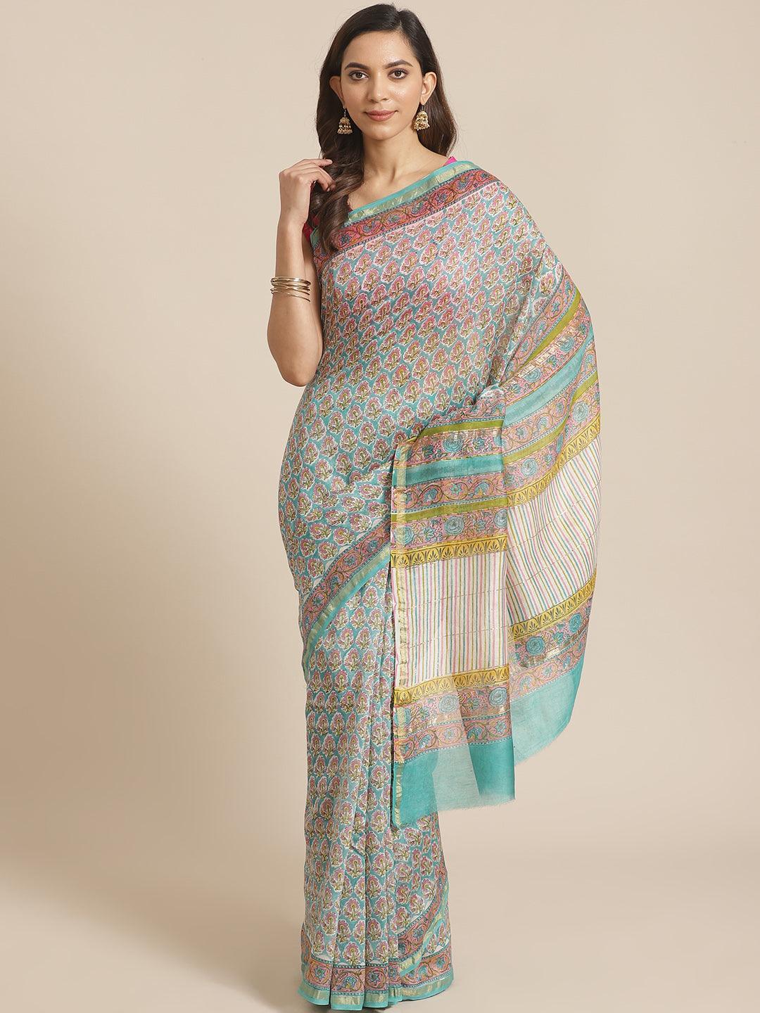 Blue Printed Cotton Silk Saree - ShopLibas