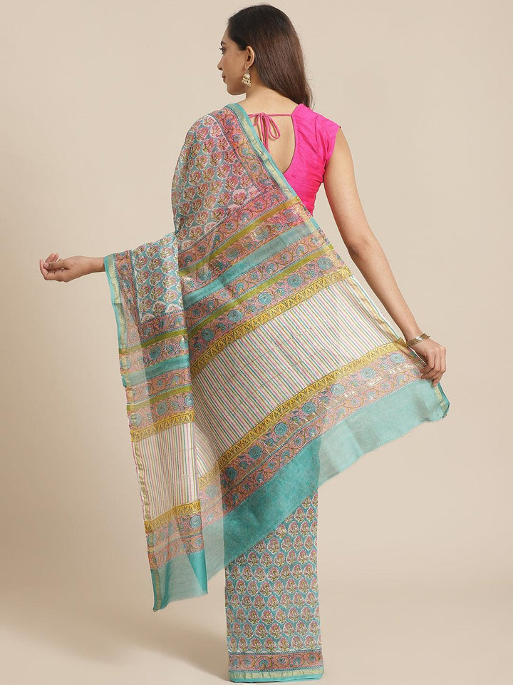 Blue Printed Cotton Silk Saree - ShopLibas