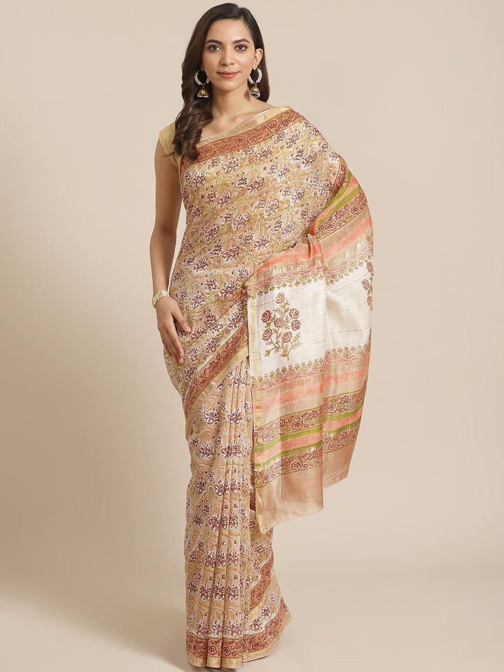 Beige Printed Cotton Silk Saree - ShopLibas