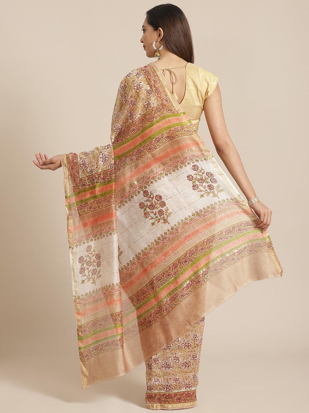 Beige Printed Cotton Silk Saree - ShopLibas