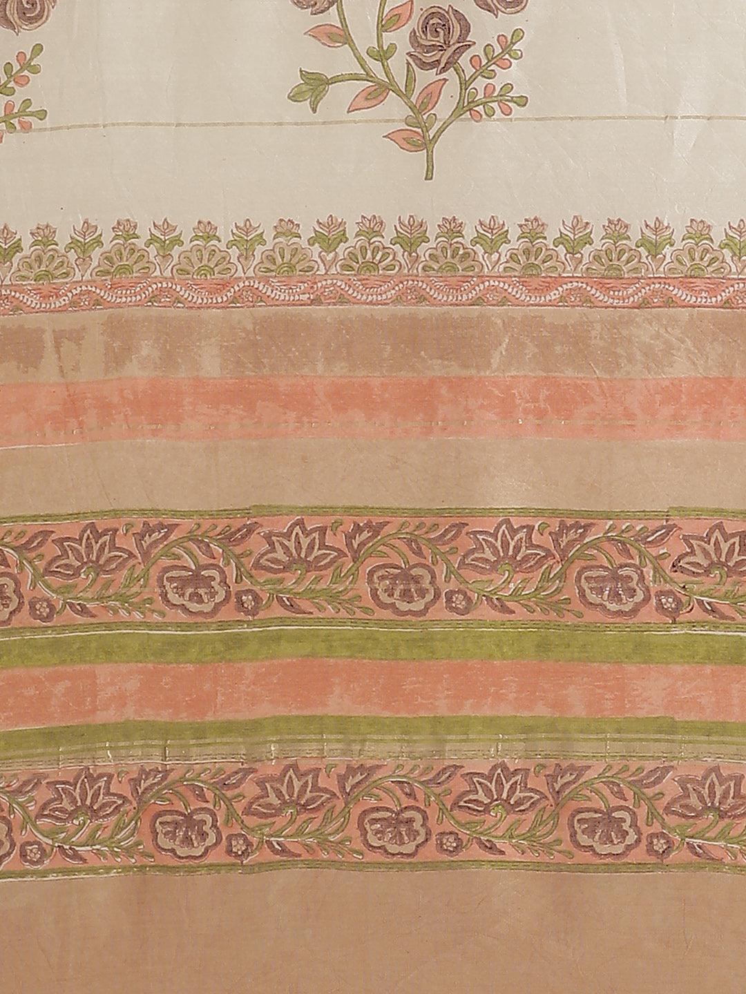 Beige Printed Cotton Silk Saree - ShopLibas