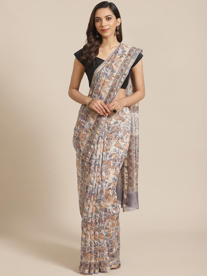 Cream Printed Cotton Silk Saree - ShopLibas