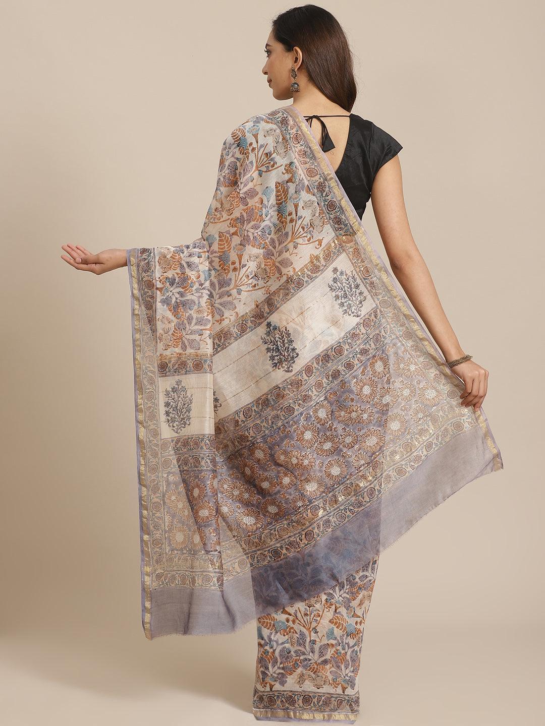 Cream Printed Cotton Silk Saree - ShopLibas