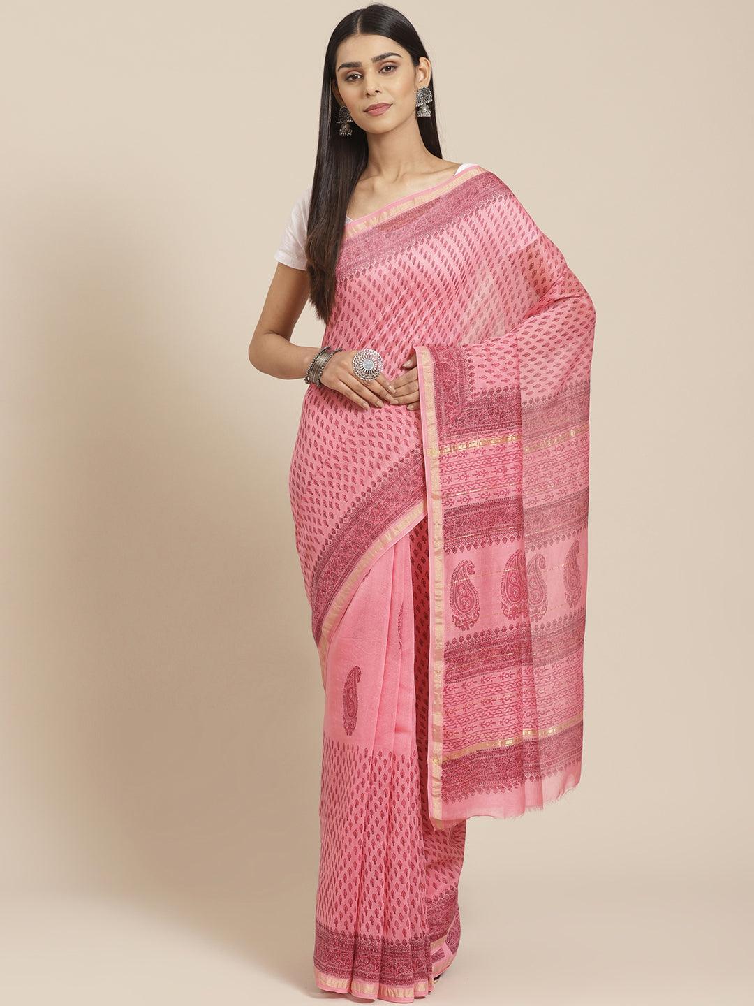 Pink Printed Cotton Silk Saree