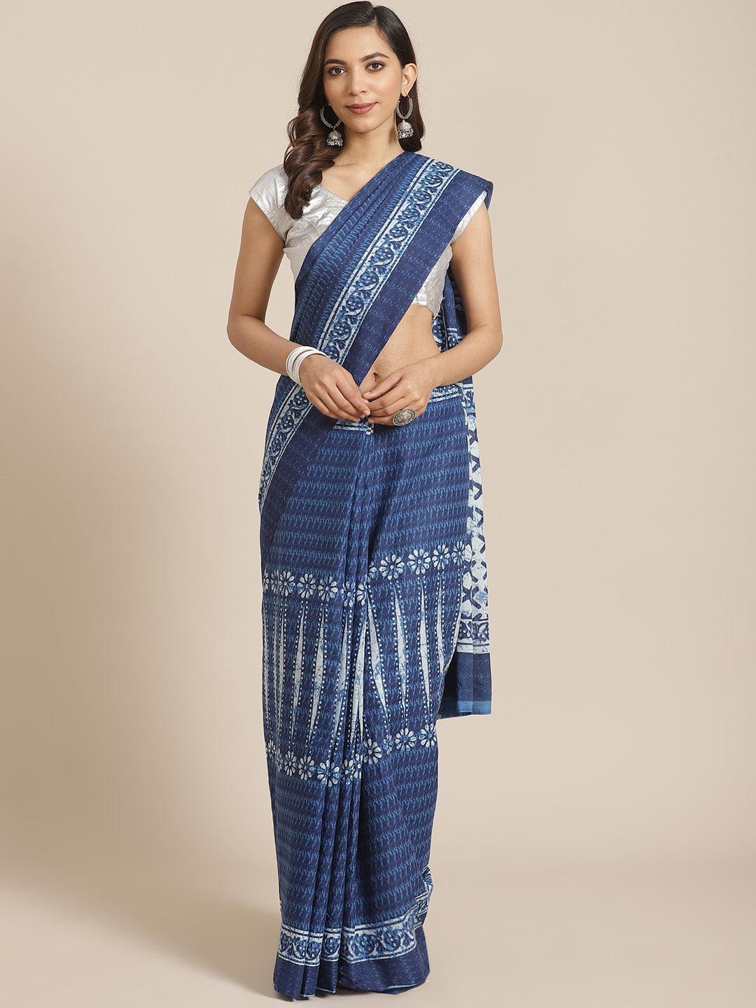 Blue Striped Cotton Saree - ShopLibas