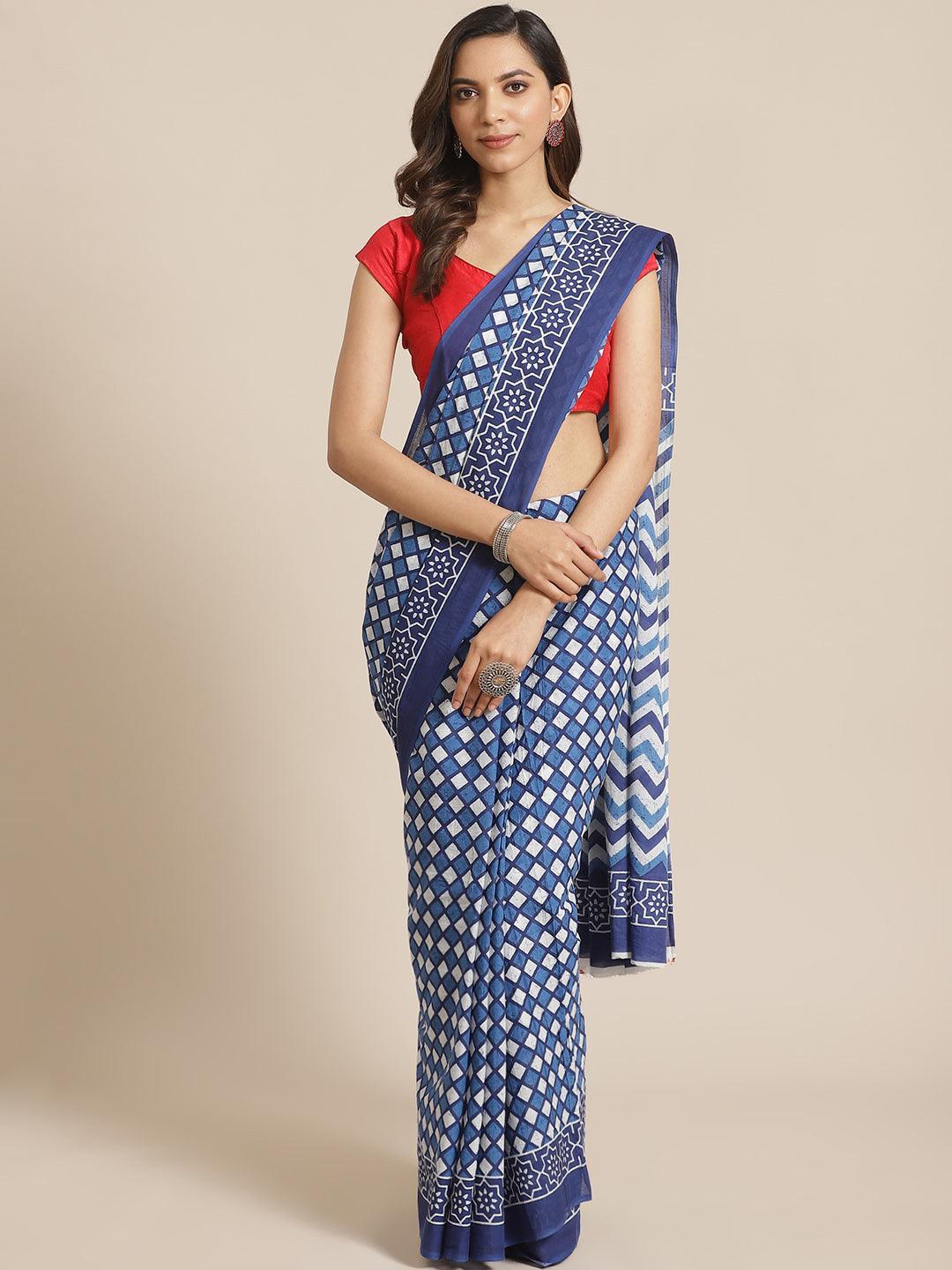 Blue Printed Cotton Saree - ShopLibas