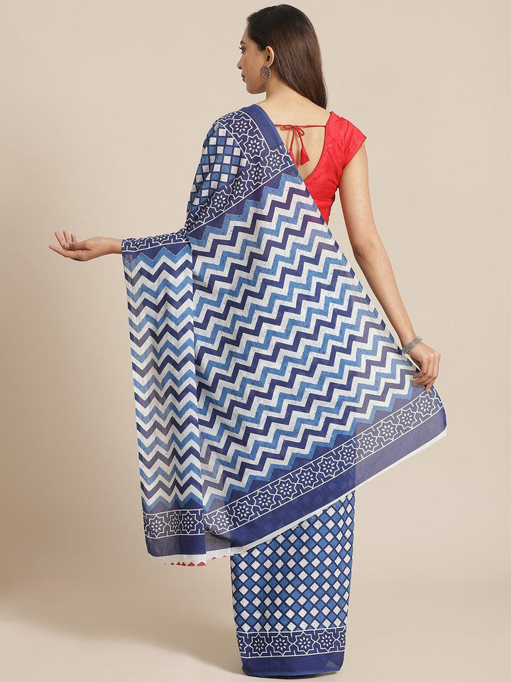 Blue Printed Cotton Saree - ShopLibas