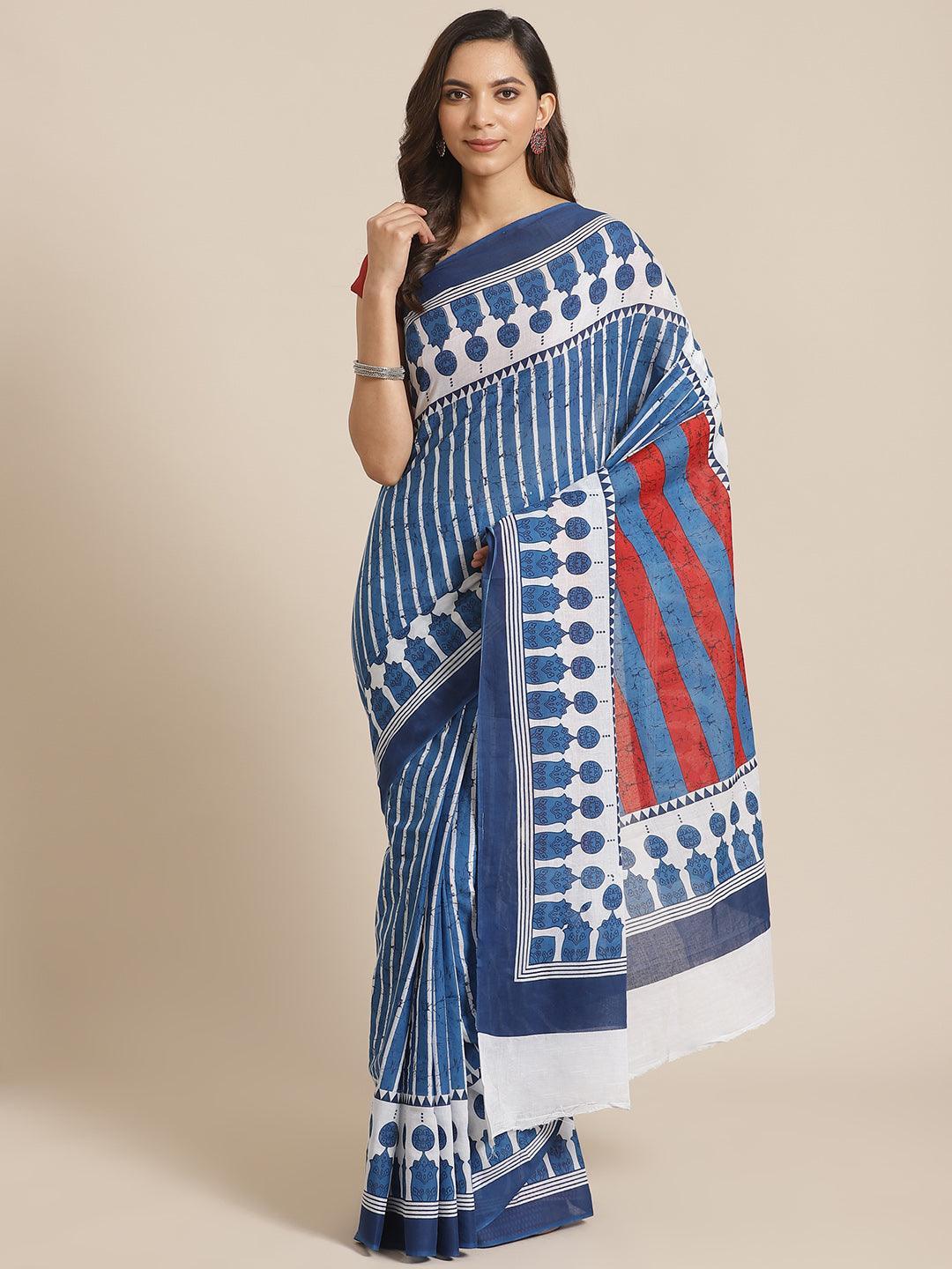 Blue Printed Cotton Saree - ShopLibas