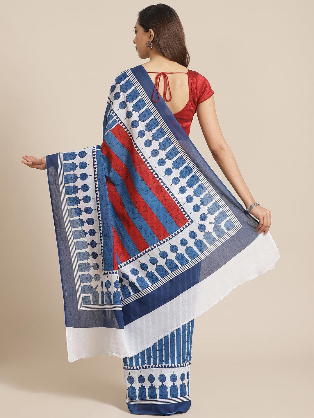 Blue Printed Cotton Saree - ShopLibas