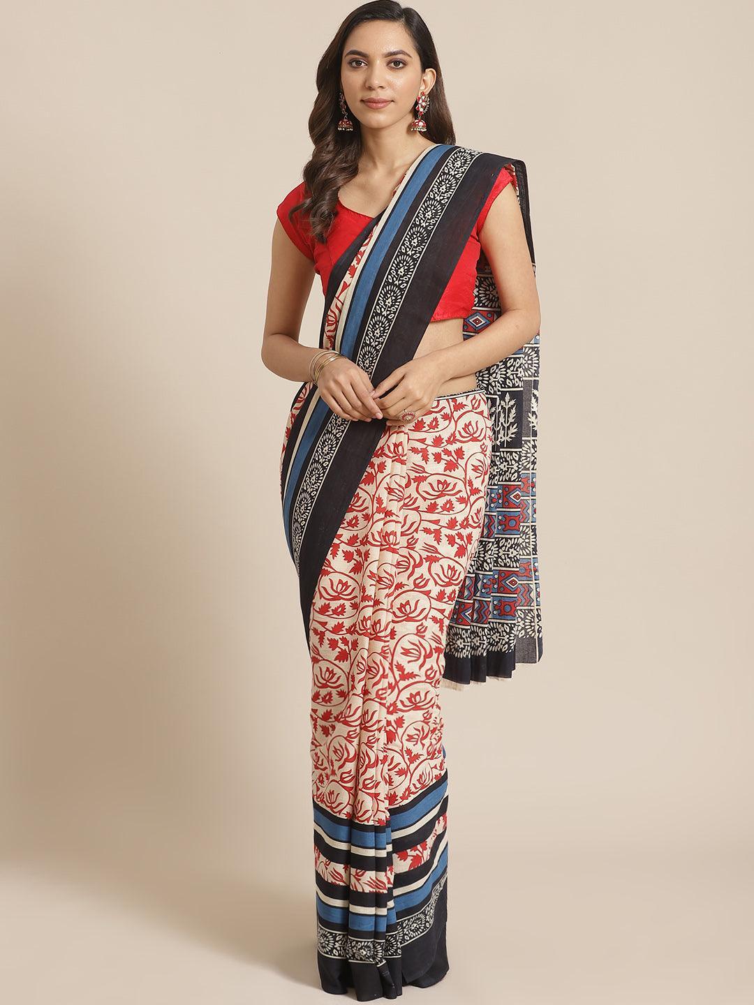 Off White Printed Cotton Saree