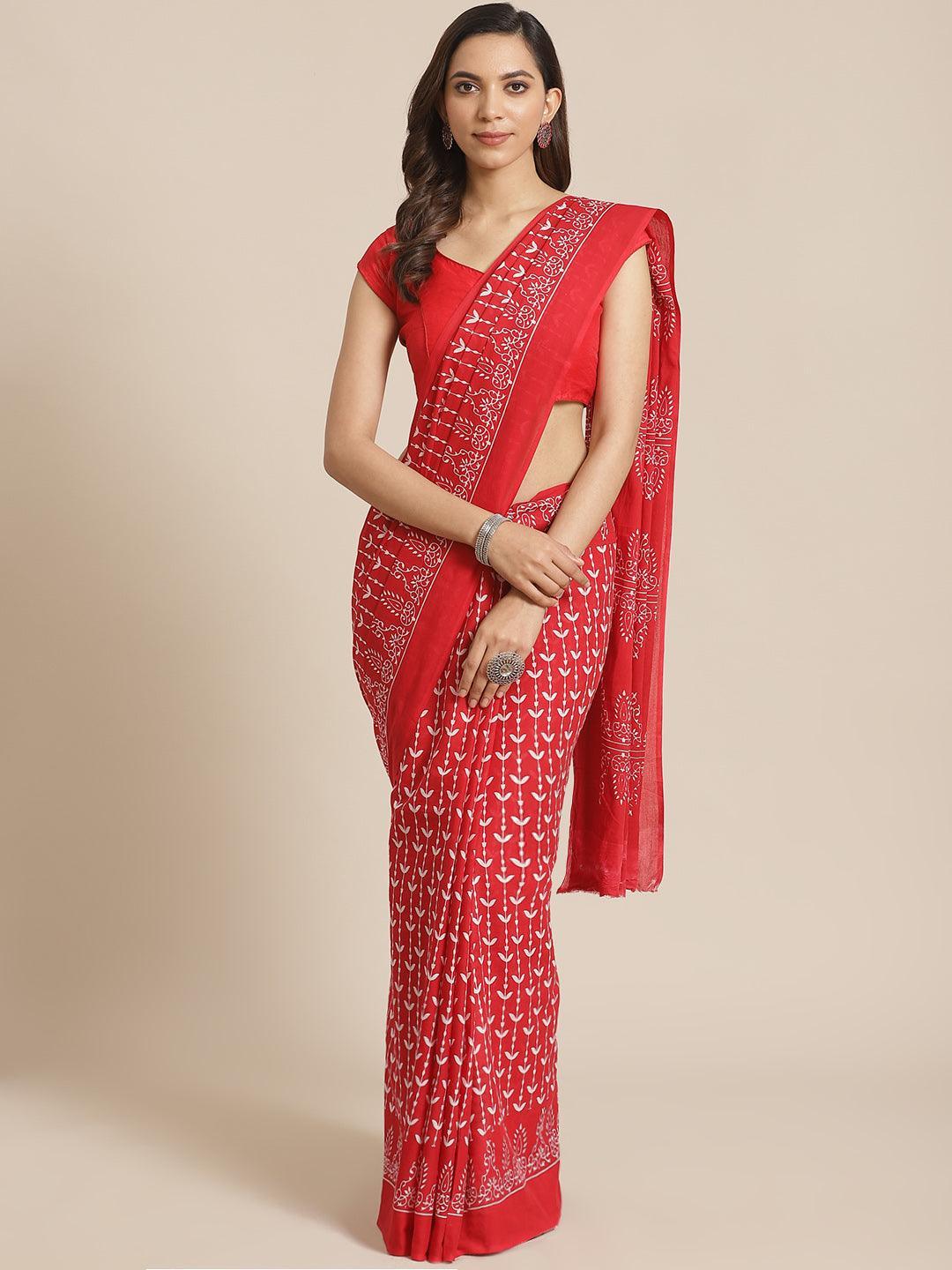 Red Printed Cotton Saree