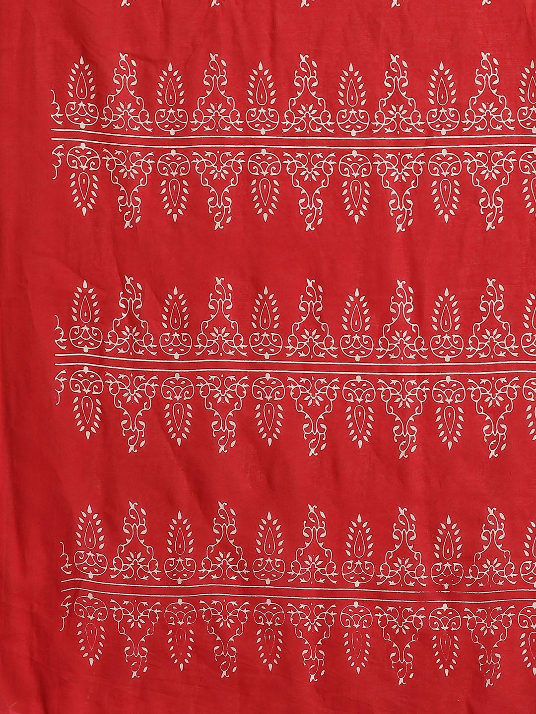 Red Printed Cotton Saree - ShopLibas