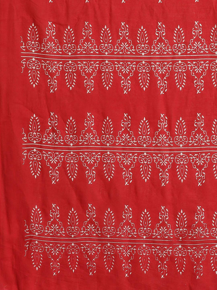 Red Printed Cotton Saree - ShopLibas