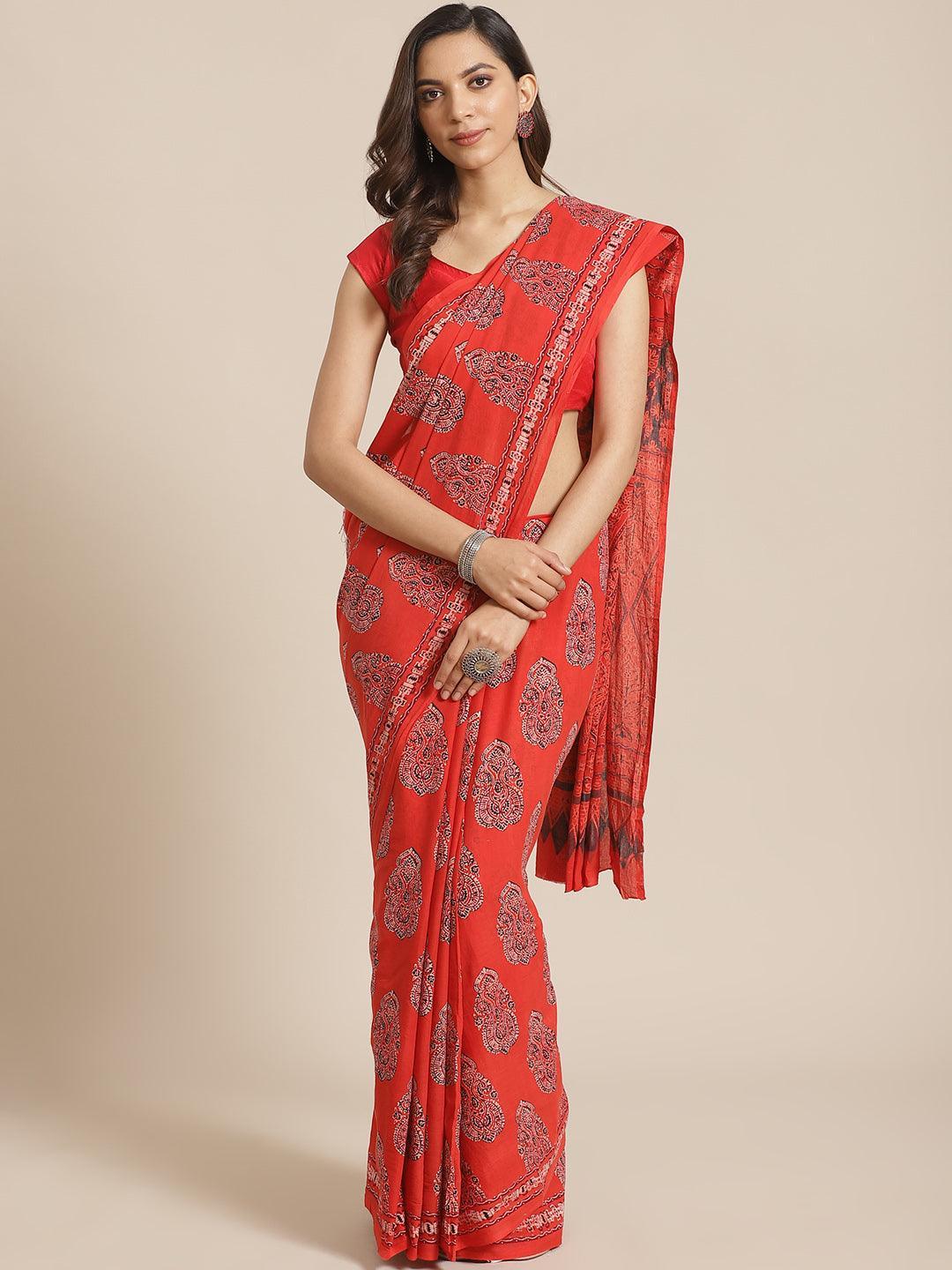 Red Printed Cotton Saree