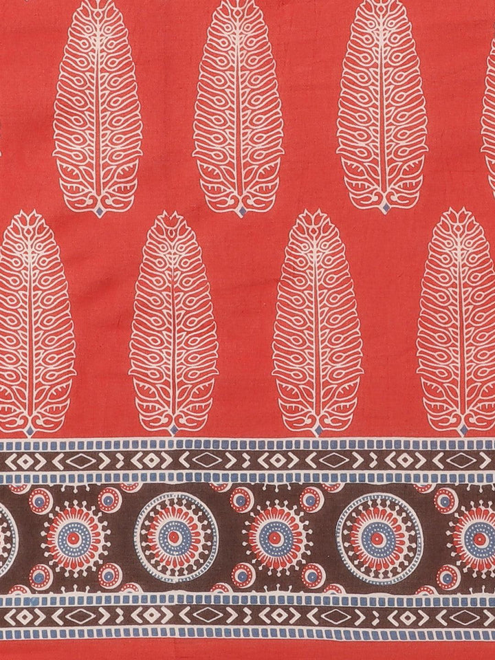 Red Printed Cotton Saree - ShopLibas