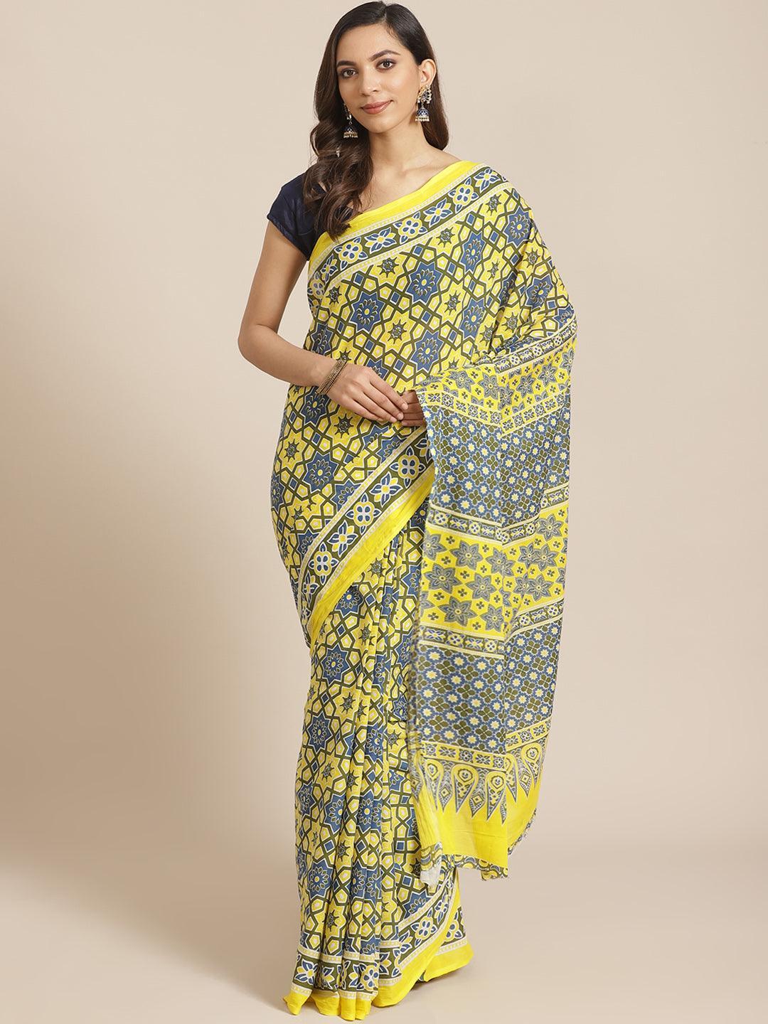 Yellow Printed Cotton Saree