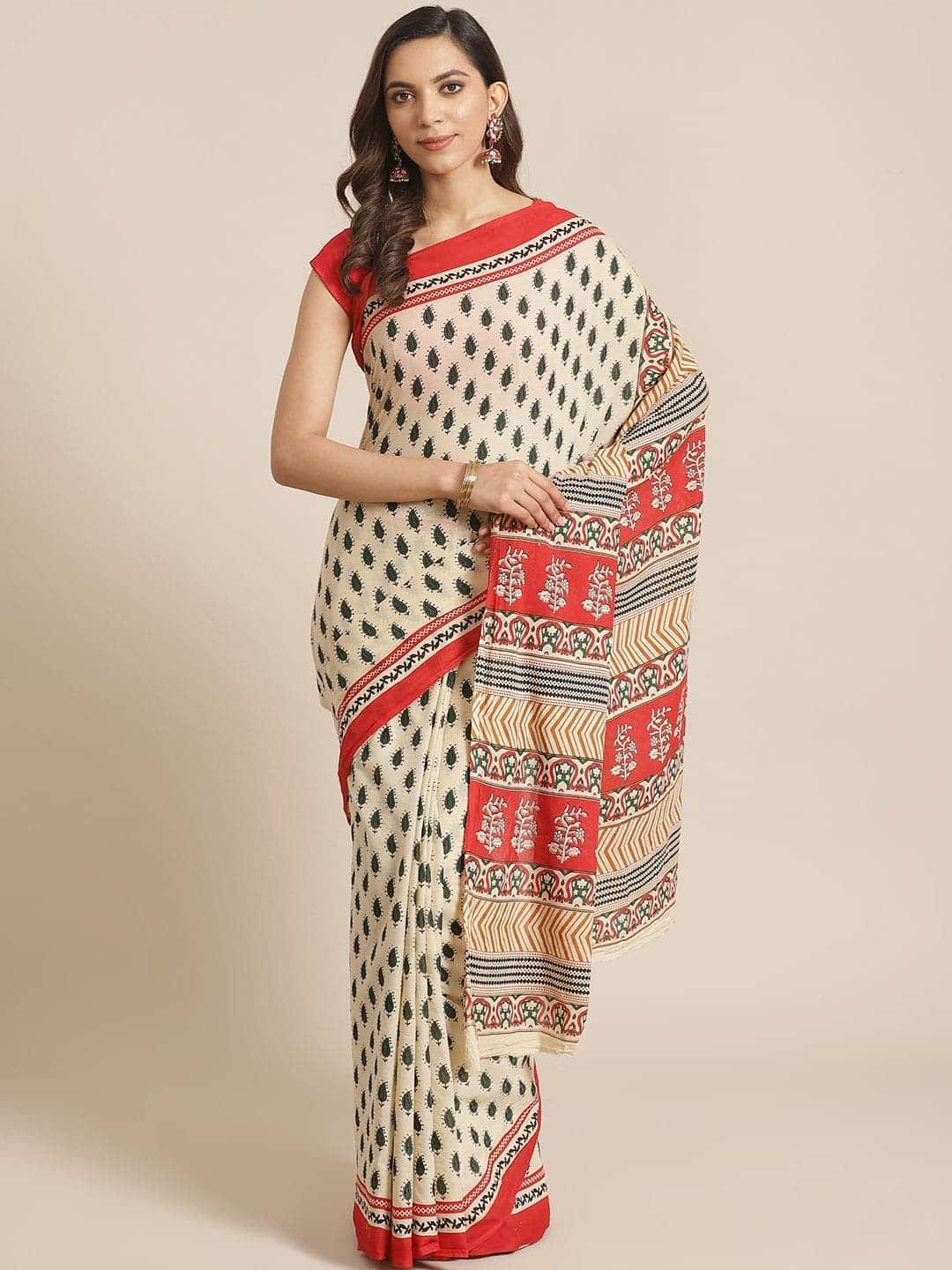 Beige Printed Cotton Saree - ShopLibas