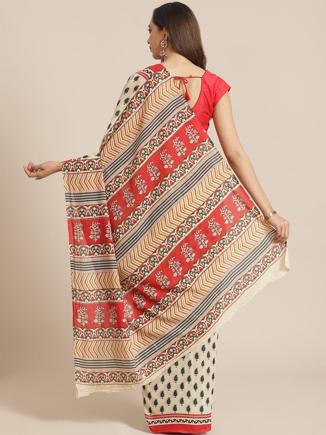 Beige Printed Cotton Saree - ShopLibas