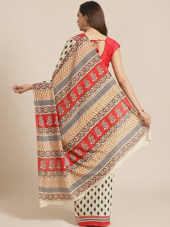 Beige Printed Cotton Saree - ShopLibas