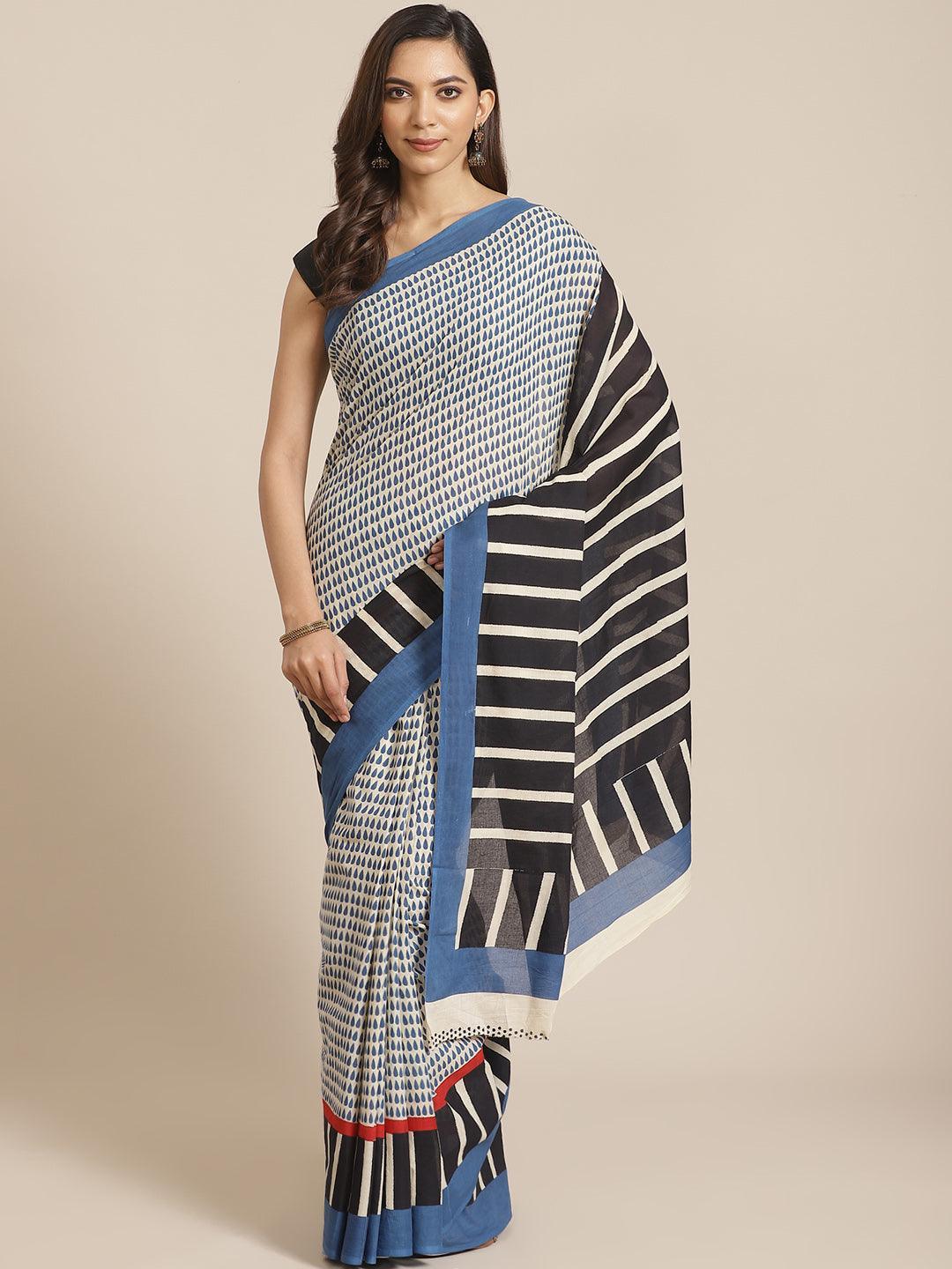 Off White Striped Cotton Saree