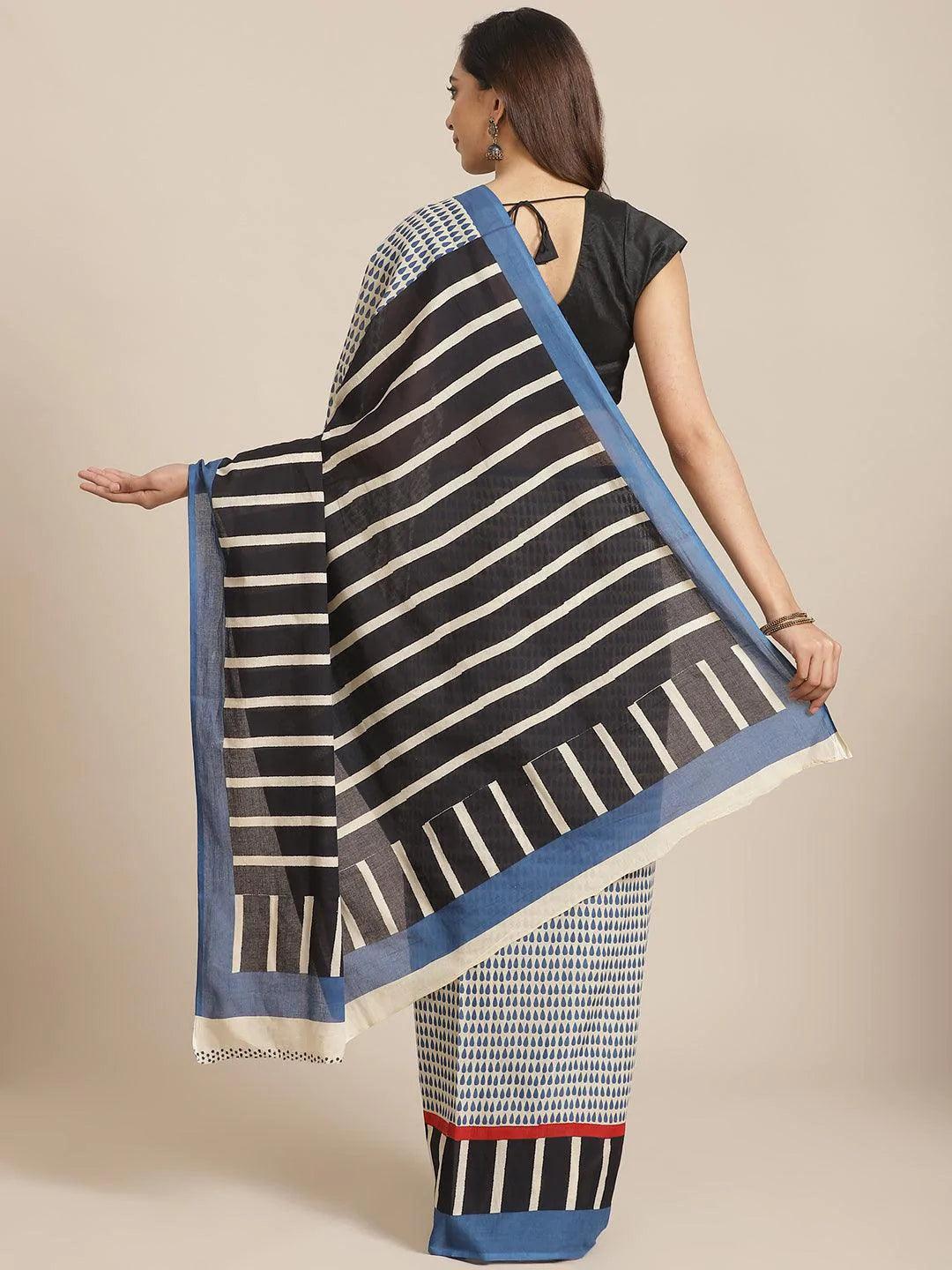 Off White Striped Cotton Saree