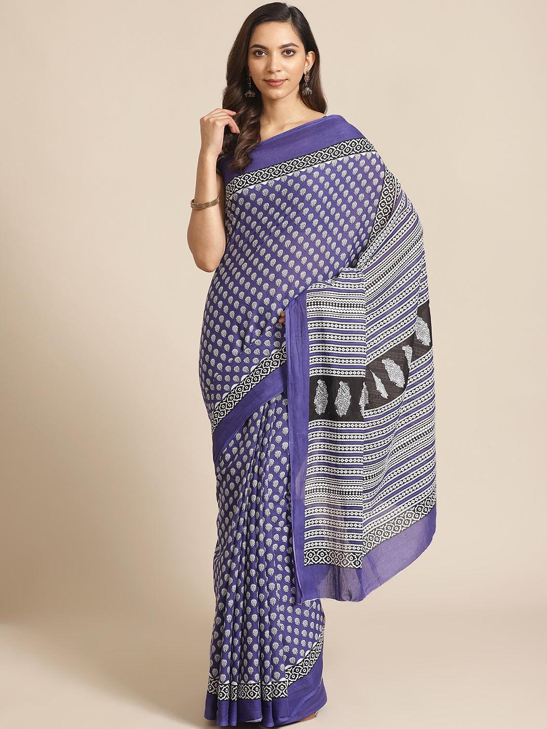 Blue Printed Cotton Saree - ShopLibas