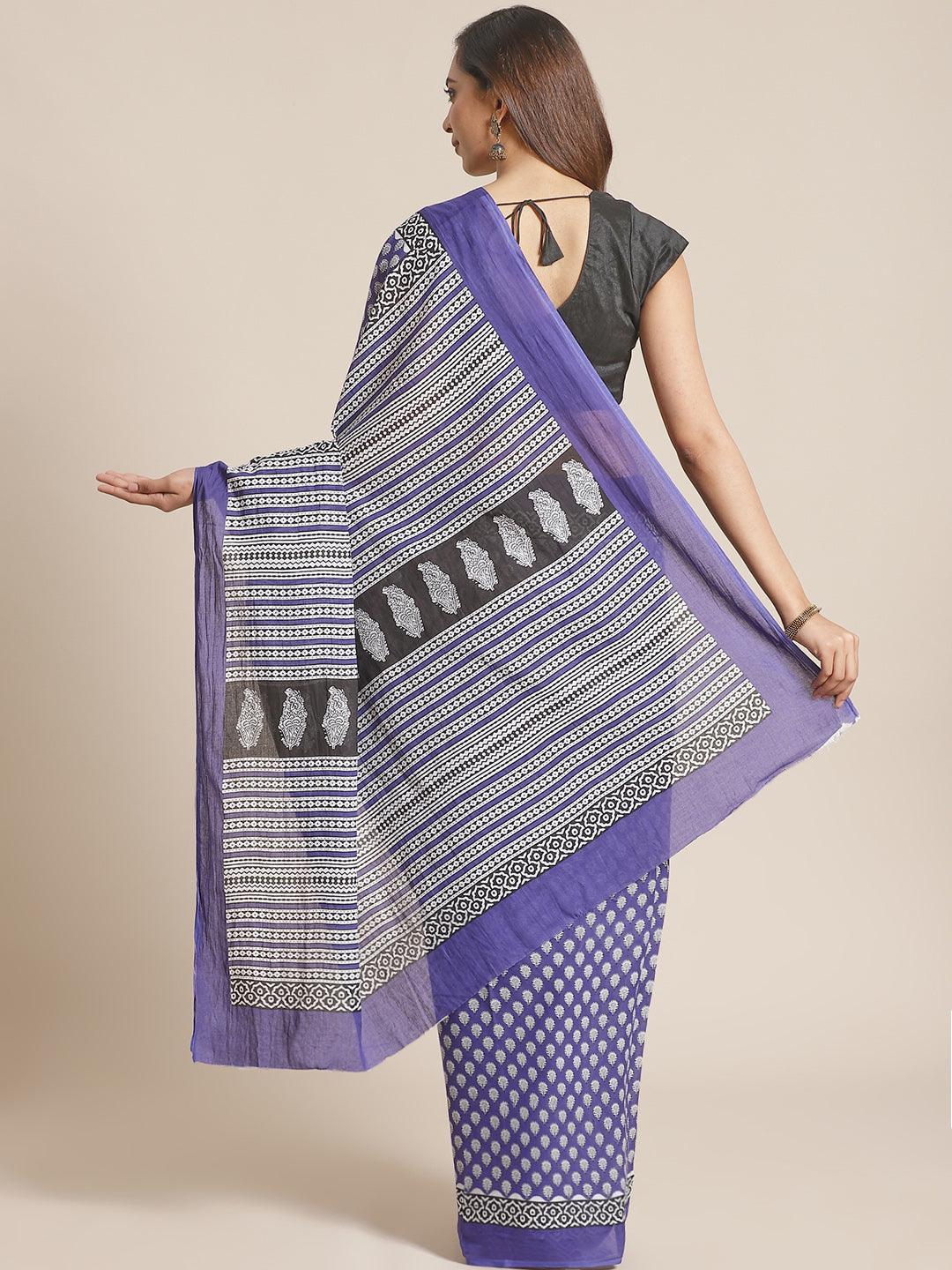 Blue Printed Cotton Saree - ShopLibas